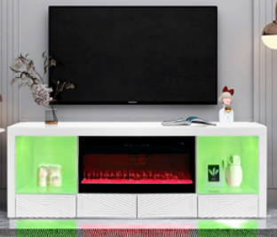 TV Stand White with Flames and Bluetooth Heater