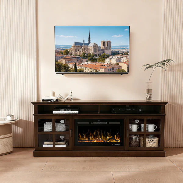 Fully Assembled 72" Ash Wood Veneer Fireplace TV Stand