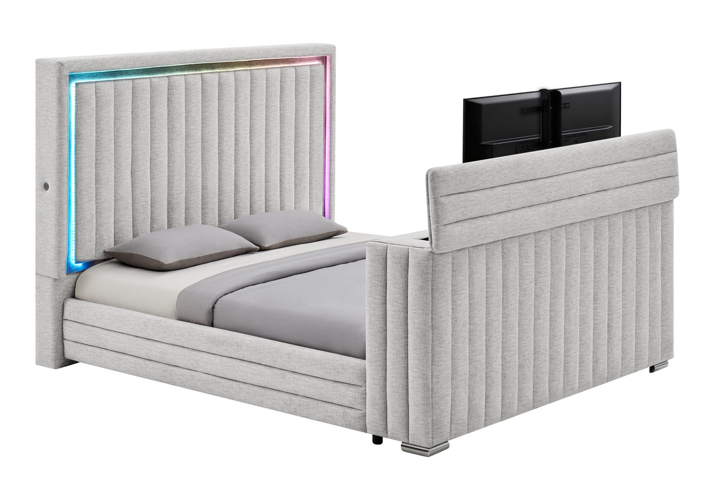 ELIAS GREY QUEEN BED WITH IMMERSIVE SOUND SPEAKER, LED, TV LIFT, AND FIREPLACE