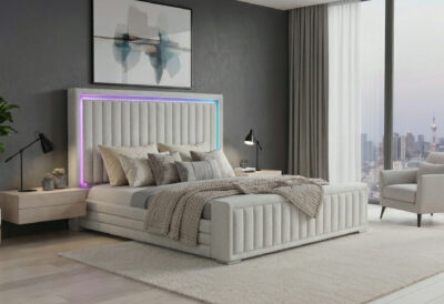 ELIAS GREY QUEEN BED WITH IMMERSIVE SOUND SPEAKER, LED, TV LIFT, AND FIREPLACE
