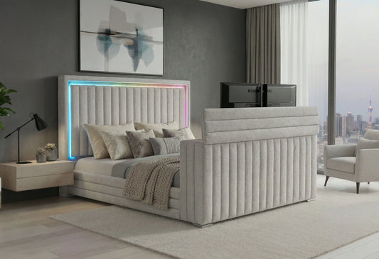 ELIAS GREY QUEEN BED WITH IMMERSIVE SOUND SPEAKER, LED, TV LIFT, AND FIREPLACE