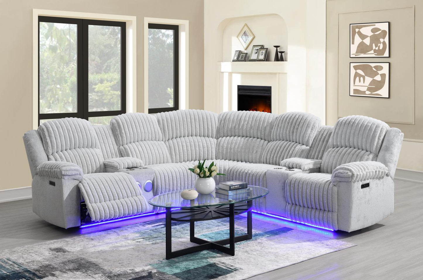 GRAY CORDUROY POWER 3 PC SECTIONAL W/BLUETOOTH SPEAKER