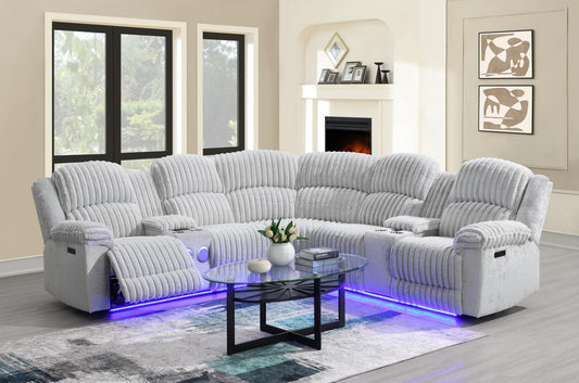 GRAY CORDUROY POWER 3 PC SECTIONAL W/BLUETOOTH SPEAKER
