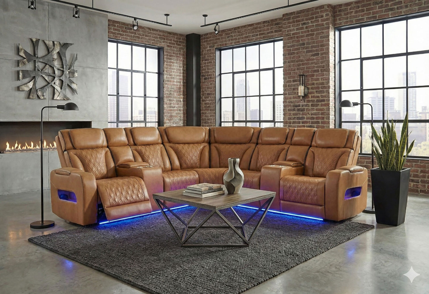 CAMEL SECTIONAL WITH POWER HEADREST, CONTINUOUS LED AND SPEAKER