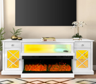 TV Stand White with Flames and Bluetooth Heater